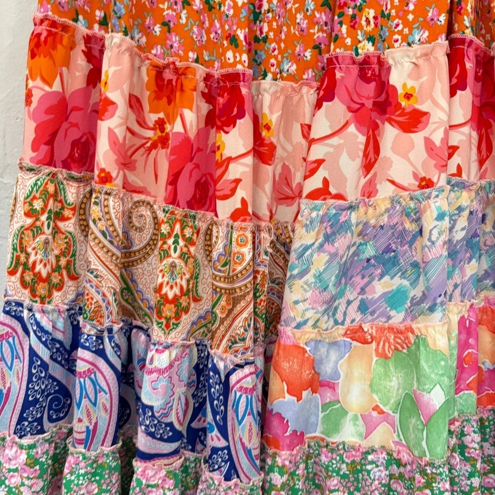 White Burch Floral Maxi Skirt Women Large Multicolor Tiered Gypsy Pull On Flaw - Picture 11 of 14